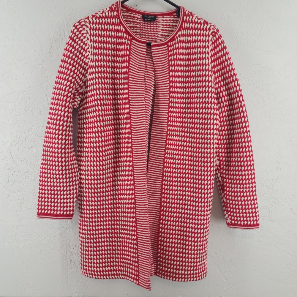 Talbots P Small | Red White Basket Weave Knit Open Merino Wool Cardigan Sweater